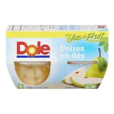 CF94-OU : Dole CF94-OU : Lunch and snacks - Fruity - Fruit Cup Diced Pears Juice DOLE , FRUIT CUP DICED PEARS juice , 6 x ( 4 x 107 ML)